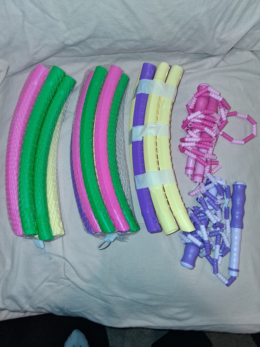 Set of Colorful Hula Hoops & Beaded Jump Ropes - Pink, Green, Purple, Yellow